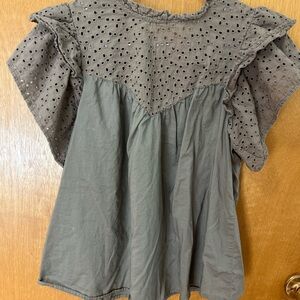A New Day Gray Flutter Sleeve Blouse with Bib Collar